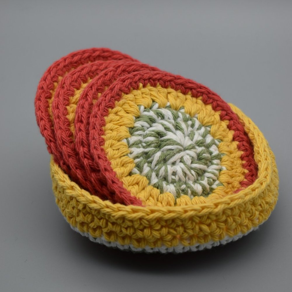 Handcrafted Crochet Coasters Set of four with Matching Basket - Picture 4 of 11